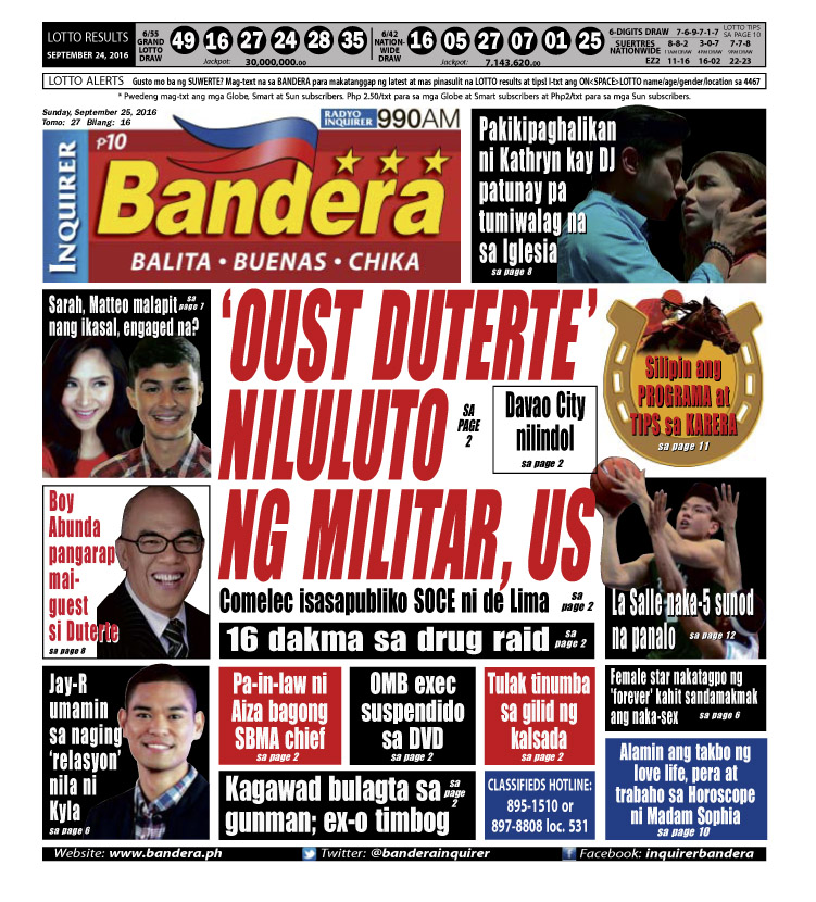 INQUIRER BANDERA LUZON SEPTEMBER 25, 2016