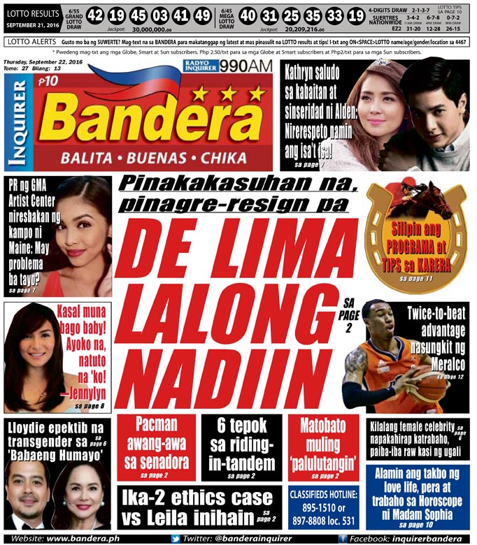 INQUIRER BANDERA LUZON SEPTEMBER 22, 2016