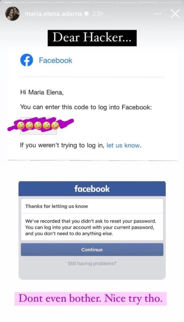 Ellen Adarna's screenshot of hacking attemp on FB