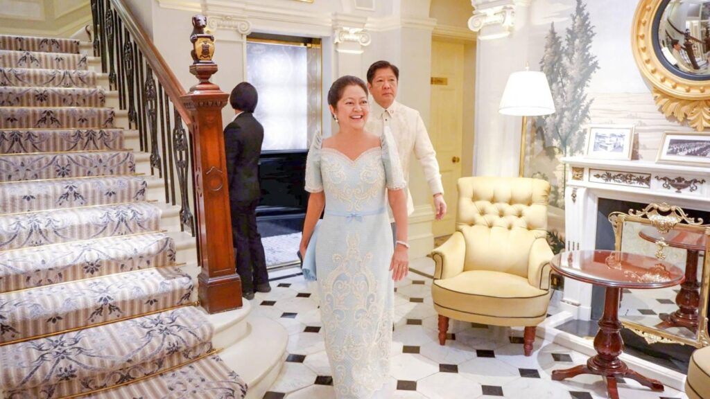 First Lady Liza Marcos wearing a powder blue na Filipiñana at the coronation of King Charles.
