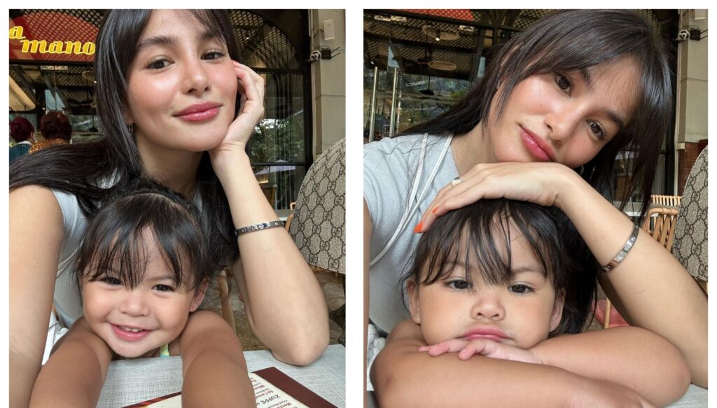 Two photos showing Elisse Joson bond with her daughter Felize.
