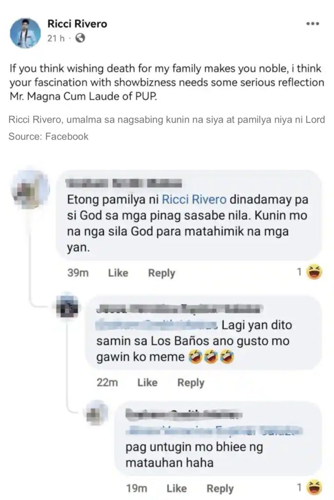 Ricci Rivero umalma sa netizen na nagsabing kunin na sana ng Panginoon ang pamilya niya