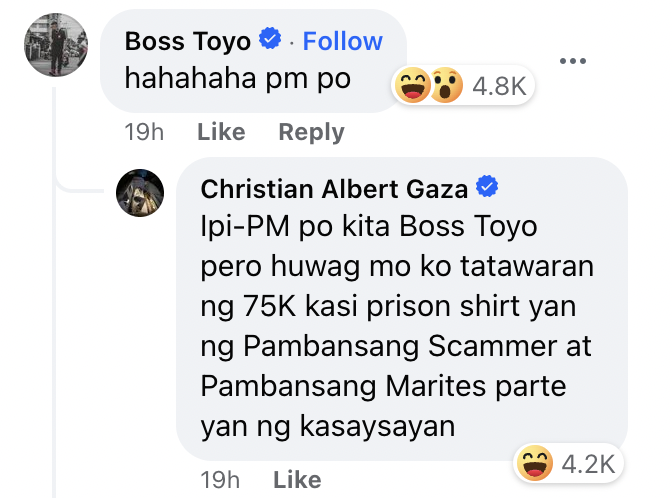 Xian Gaza binebenta ang ‘surrender’ shirt kay Boss Toyo: 'Asking price is P500K'