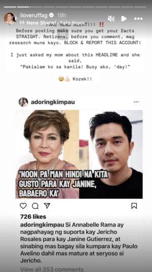 Ruffa sa kumakalat na ‘fake news’ tungkol kay Annabelle: ‘Block & report!!!’