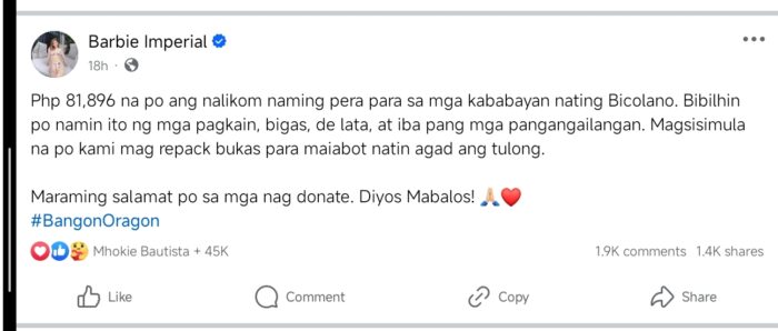 Barbie nabahala sa ina na binaha sa Albay; patuloy ang donation drive