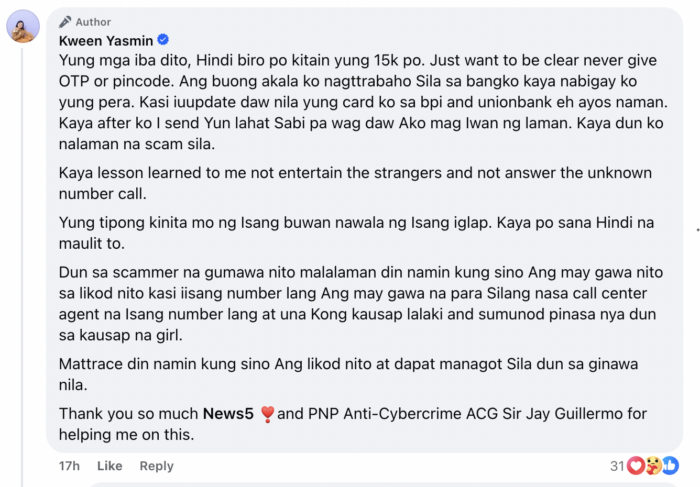 Kween Yasmin nadale ng ‘voice phishing’, nasimot ang pera sa bangko